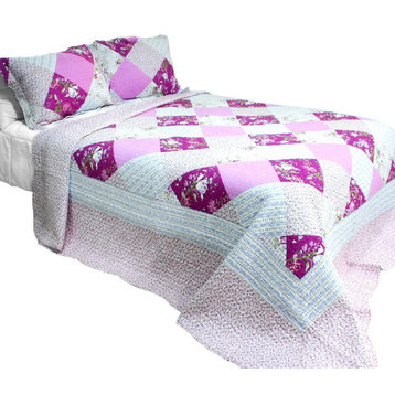 Floral Print 3PC Cotton Vermicelli-Quilted Printed Quilt Set (Full/Queen Size)