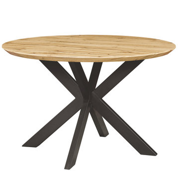 LeisureMod Ravenna 47" Round Dining Table, Geometric Metal Base, Natural Wood
