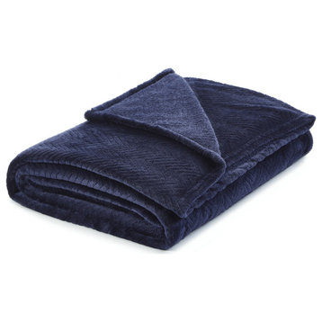 Navy Blue Knitted PolYester Solid Color Plush Throw Blanket