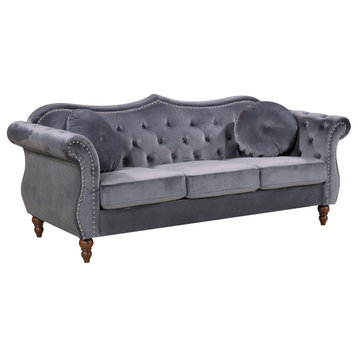 Classic Sofa, Velvet Seat With Button Tufted Back & Nailhead Trim Accent, Gray