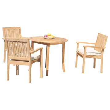 4-Piece Outdoor Teak Dining Set: 36" Round Table, 3 Leveb Stacking Arm Chairs