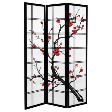 6' Tall Canvas Cherry Blossom Room Divider, Black, 3 Panels