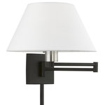 Livex Lighting - 1 Light Black With Brushed Nickel Accent Swing Arm Lamp - Add this versatile swing arm wall lamp bedside or above a favorite reading chair to enjoy more light where you need it. The black finish is transitional while the off-white fabric shade offers subtle texture.