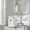 Elegant Satin White Grid Blocks Table Lamp 28 in Ceramic Linear Ridges Cylinder