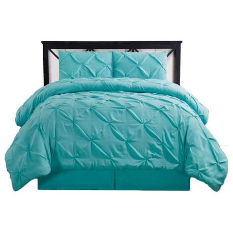 Oxford Pinch Pleat Comforter Set, Down Alternative Fill, Aqua, Queen