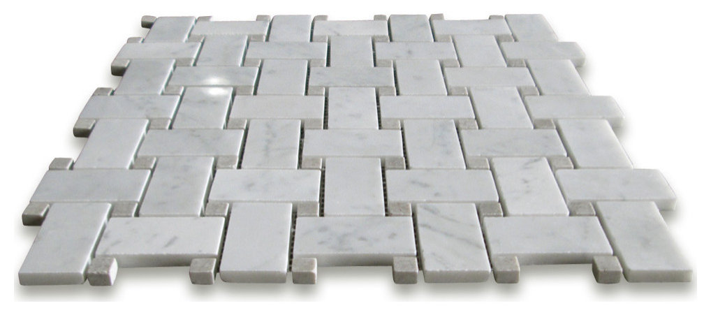 Carrara Venato Marble 1x2 Basketweave Mosaic Tile Gray Dots Polished, 1 sheet