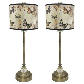 28" Crystal Buffet Lamp With Butterfly Graphic Shade, Antique Brass, Set of 2