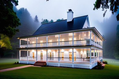 White two-story mixed siding and clapboard exterior home photo in Kansas City with a metal roof