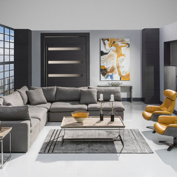 Nube II Gray Sofa and Enzo Yellow Leather Swivel Accent Chairs