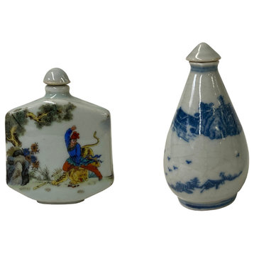 Set of 2 Chinese Porcelain Snuff Bottle Blue White Color Scenery Graphic Hws2457