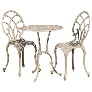 3 Pieces Patio Bistro Set, Round Table & Chairs With Scrollwork, Sandy Off-White