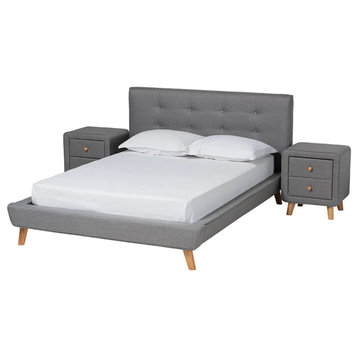 3 Pieces Full Bedroom Set, Grey Upholstered Bed & Nightstands With Angled Legs