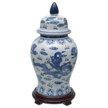 18" Dragon Blue and White Porcelain Temple Jar