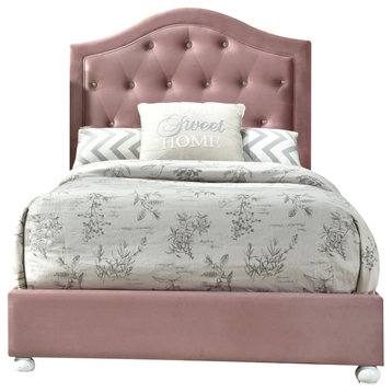Full Size Platform Bed, Arched Pink Velvet Headboard With Crystal Like Tufting
