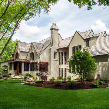 Rear Elevation of Whimsical Stone and Stucco Chateau in Libertyville