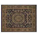 Bareen's Designer Rugs - Tamour Pak-Persian Marge Blue/Gold Wool Rug - 9'4 x 11'9 - Designed with mesmerizing intricacy and gorgeous color palette, this hand-knotted masterpiece demonstrates the beauty and electrifying thrill of Pak Persian art. These meticulously handcrafted Pak-Persian rug is made with pure wool and features breathtaking traditional and Transitional designs in bold lush color pallet. Known for their intricate designs these rugs are a reproduction of Persian rugs, made in Pakistan with unique Mughal designs. Made by master weavers using the same Persian texture, design and dying technique, we wanted to produce the most significant manifestation of the Persian art, life and culture. This rug is most famous for its exceptional quality, incredible designs, patterns and vibrant rich color. Pak-Persian rugs made with Persian weave with high knot counts, which enables the high intricacy and detail found in the patterns are also referred to as "State of art", each color adds a rich beautiful detail in the artwork of this rug. The design, color and beautiful chromatic composition with a vibrant sheen with traditional and Transitional designs, exude beauty, elegance and quality make this rug a masterpiece of its own.