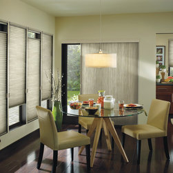Contemporary Taupe Dining Room Custom Window Honeycomb Shades by Hunter Douglas - Cellular Shades