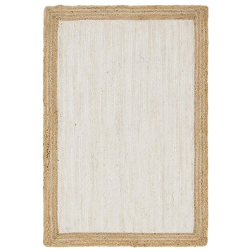 Farmhouse Area Rug, Bordered Hand Braided Off White Low Pile Jute, 2'6" X 16'