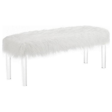 Contemporary Bench With Faux Fur Seat And Acrylic Legs, White And Clear