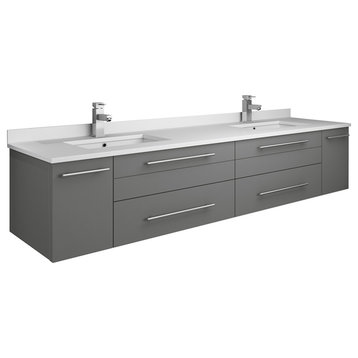 Lucera Wall Hung Cabinet With Top & Double Undermount Sinks, Gray, 72"