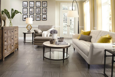 Family room - transitional open concept vinyl floor family room idea in Salt Lake City with white walls and no fireplace