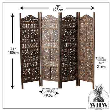 Sun, Moon and Star 4 Panel Room Divider of Hand Carved Mango Wood