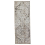 Jaipur Living - Vibe Ginevra Medallion Gray and Ivory Area Rug, 3'x8' - The stunning En Blanc collection captures the elegance of neutral, vintage-inspired patterns and melds Old World aesthetics with an updated and luxurious vibe. The Ginevra rug boasts a subtly distressed center medallion motif in tonal hues of silver, cool gray, golden tan, and light taupe. Soft and lustrous, this chameleon-like design emulates the timeless style of a Turkish hand-knotted rug, but in an accessible polyester and viscose power-loomed quality.