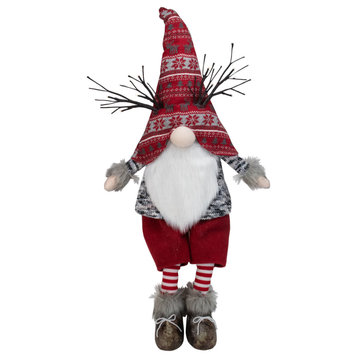 30" Red and Gray Fair Isle Sitting Gnome Christmas Figure With LED Antlers