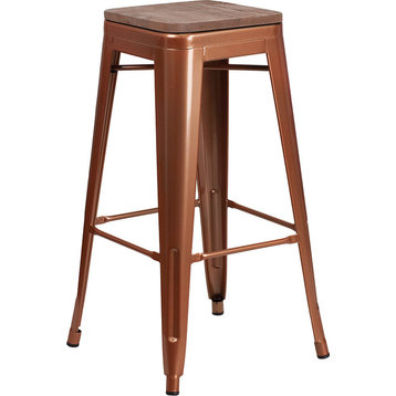 30" High Backless Copper Barstool With Square Wood Seat