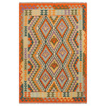 Bareens Designer Rugs - Retro Turkish Kilim Marchell Hand-Woven Wool Rug - 4'1'' x 5'9'' - Elevate the elegance of your home with this stunning hand-woven tribal Kilim wool rug. Meticulously crafted on a loom by the Nomad Turkman people using hand-spun wool and 100% natural vegetable dyes, these rugs are recognized for their repetitive geometric patterns, incorporating naturalistic floral and traditional designs. The contemporary fashion palette results in bold, sharp patterns that are incredibly versatile, as the pattern is the same on both sides. These reversible rugs feature a lighter shade on one side and brighter colors on the other, providing versatility according to preference. These unique rugs are made by knotting short strands of different colors onto the warps and securing them by tightly pressing the wefts. The designs are created by interweaving the various colored wefts and warps. Kilims are known for their exceptional durability and versatility, making them truly unique rugs.  Product Details    Rug Size: 4'1'' x 5'9''  Material: 100% Wool  Style: Kilim, Flat Weave, Dhurrie, Turkish, Southwestern, Rustic, Tribal  Colors: Rust, Blue  Weave Type: Hand-Woven, Handmade  Pile Height: Less than 0.25 inch