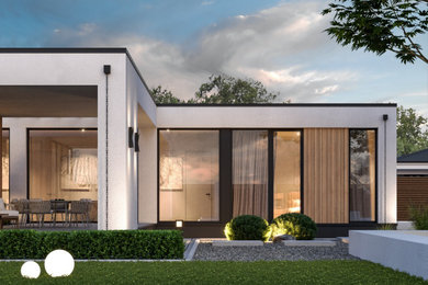 Идея дизайна: одноэтажный, белый частный загородный дом среднего размера с облицовкой из цементной штукатурки, плоской крышей и отделкой планкеном