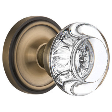 Classic Rosette Privacy Round Clear Crystal Glass Knob, Antique Brass