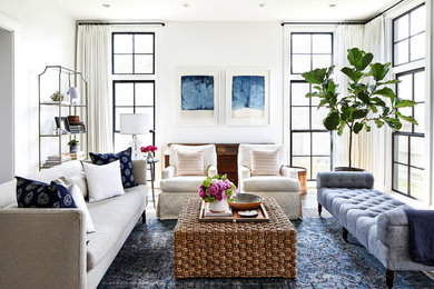 Beach style medium tone wood floor and brown floor family room photo in DC Metro with white walls
