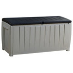 Keter - Novel 90 Gallon Plastic Deck Storage Patio Container Garden Bench Box, Grey/Blac - The Keter plastic Novel 90 Gal Deck Box is both versatile and attractive. Great for convenient outdoor storage, this storage bench enables you to safely keep outdoor entertaining items close to where they will be used on the patio or deck. A colorful cushioned pad can be attached to the top of the lid to transform it into extra outdoor patio furniture. The Keter Novel Deck Box provides additional comfortable seating for two adults or three children during backyard get-togethers.