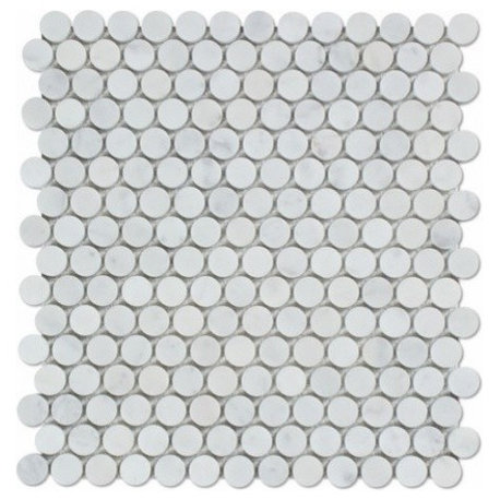 .75"x.75" Carrara White Penny Round Mosaic Marble Tile, Polished