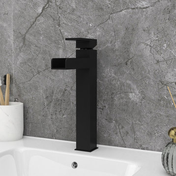 Contemporary Single Handle Waterfall Spout Bathroom Vessel Sink Faucet, Matte Black