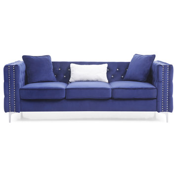 Paige 86 in. Blue Tufted Velvet 3-Seater Sofa With 2-Throw Pillow