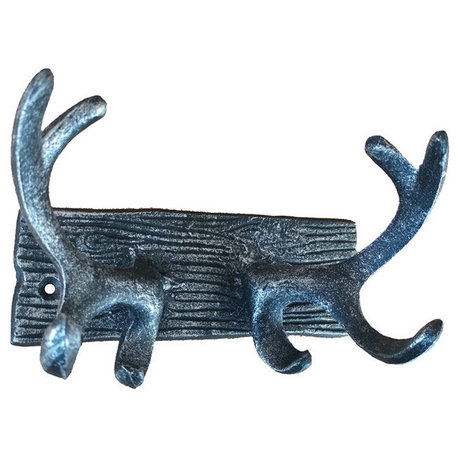 Rustic Silver Cast Iron Antler Double Hook 8"