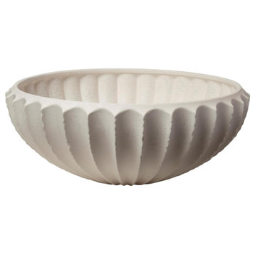 Contemporary Elegant Large White Centerpiece Bowl Ceramic Ribbed Sawtooth Edge