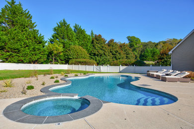 Inspiration for a mid-sized modern backyard concrete paver and custom-shaped pool landscaping remodel in Other