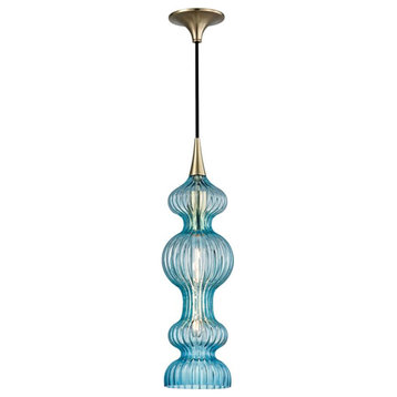 Hudson Valley Pomfret 1-Light Pendant with Blue Glass, Aged Brass, 1600-AGB-BL