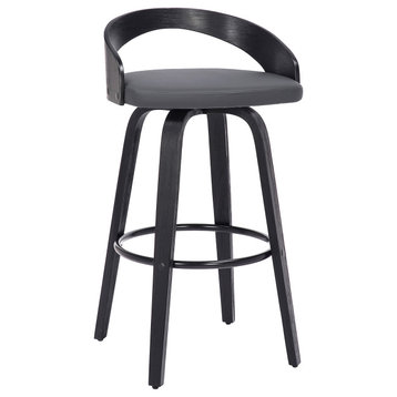 Sonia Swivel Faux Leather and Wood Stool, Gray and Black, Counter Height 26"
