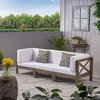 GDF Studio Keith Outdoor 3-Seater Acacia Wood Sectional Sofa Set, Gray Finish/White