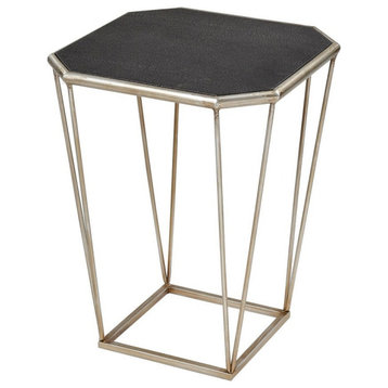 Octagonal Leather Top Indoor Accent Table in Antique Silver and Black Metal
