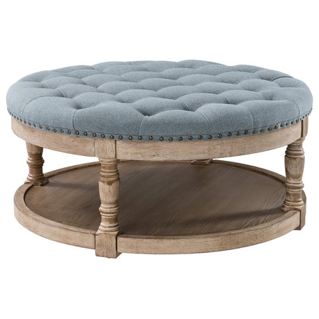 36" Wide Tufted Round Cocktail Ottoman With Storage, Blue