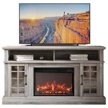 Rustic Classic TV Stand, Center Fireplace & Side Window Pane Doors, Gray Wash