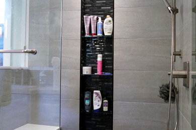 Example of a mid-sized trendy master gray tile and mosaic tile porcelain tile alcove shower design in Vancouver with shaker cabinets, white cabinets, quartz countertops and gray walls