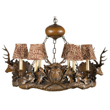3 Small Stag Head Chandelier, Feather Pattern Shades