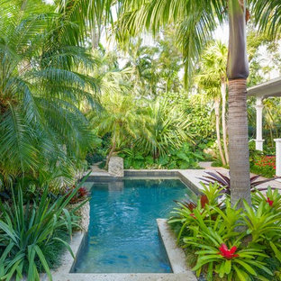 マイアミの中サイズのトロピカルスタイルのおしゃれな横庭 (日向、レンガ敷き) の写真