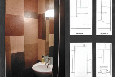 Diseño de aseo bohemio pequeño con sanitario de una pieza, suelo de madera oscura y lavabo suspendido